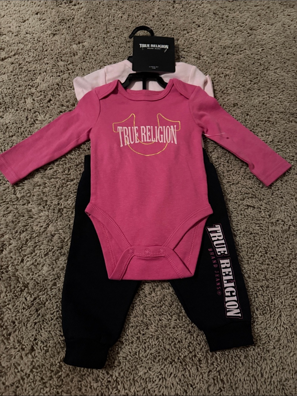 True Religion Hot Pink Long-Sleeve Baby Bodysuit with Yellow Logo